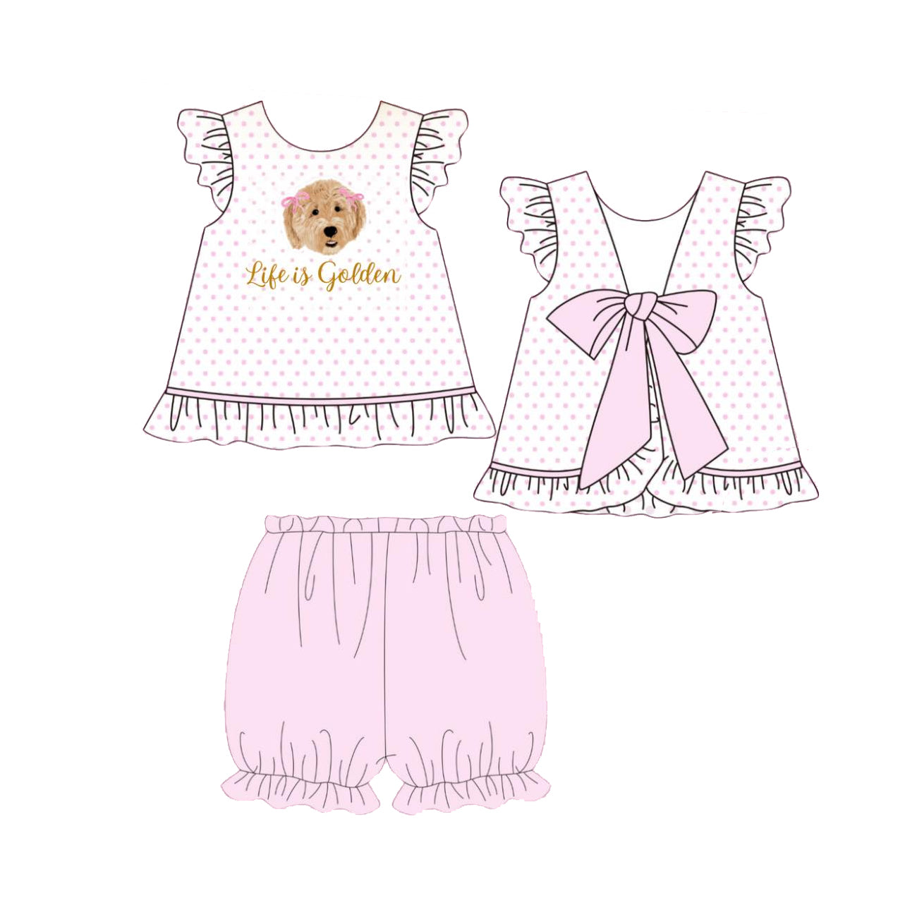 Baby Girls Dogs Life is Golden Back Bows Tunic Ruffle Shorts Clothes Sets Preorder