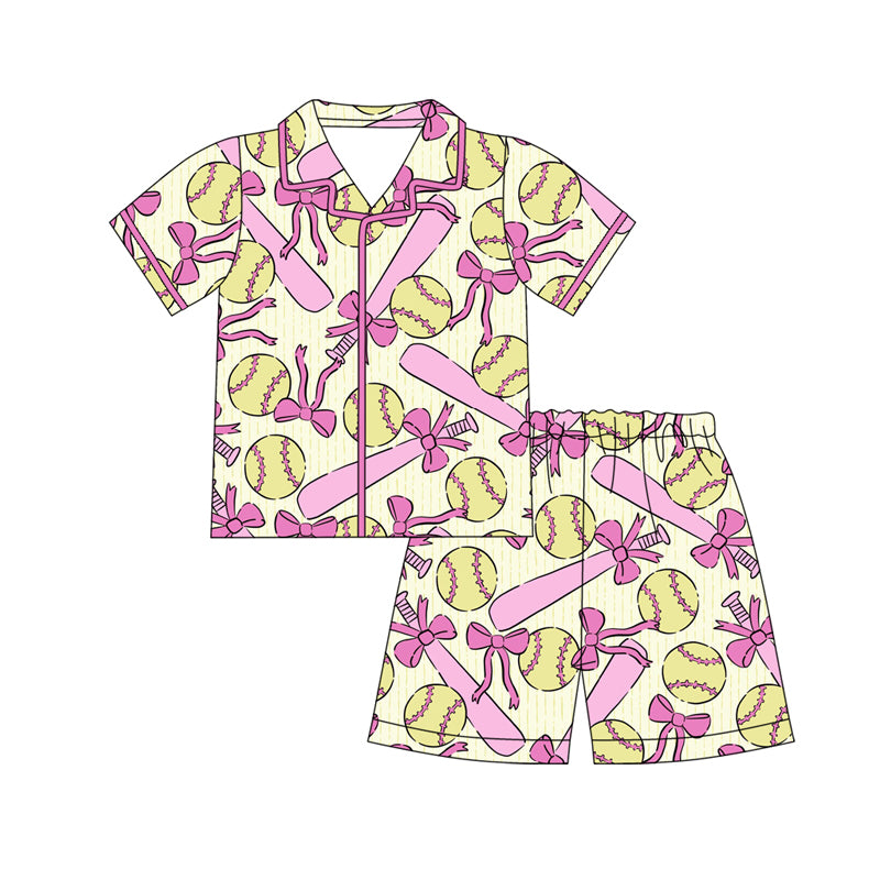 Baby Girls Pink Bows Baseballs Button Top Shorts Team Pajamas Sets Preorder