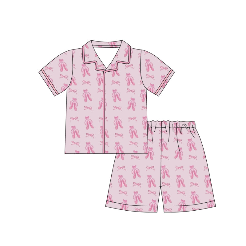 Baby Girls Pink Bows Shoes Plaid Button Top Shorts Pajamas Sets Preorder