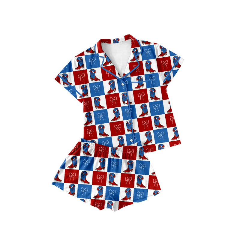 Baby Girls Bow Boots Checked Button To Shorts 4th of July Pajamas Set Preorder