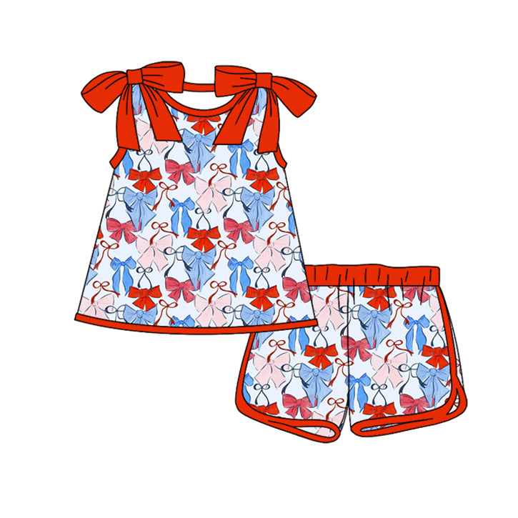 Baby Girls Red Blue Bows Plaid Tunic Shorts 4th of July Clothes Sets Preorder