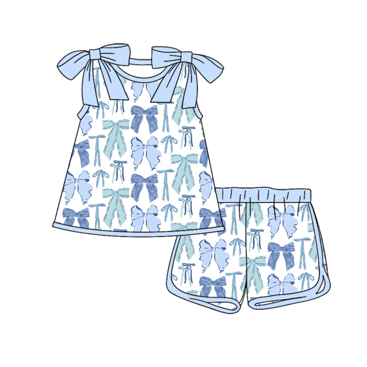 Baby Girls Blue Bows Plaid Tunic Shorts Clothes Sets Preorder