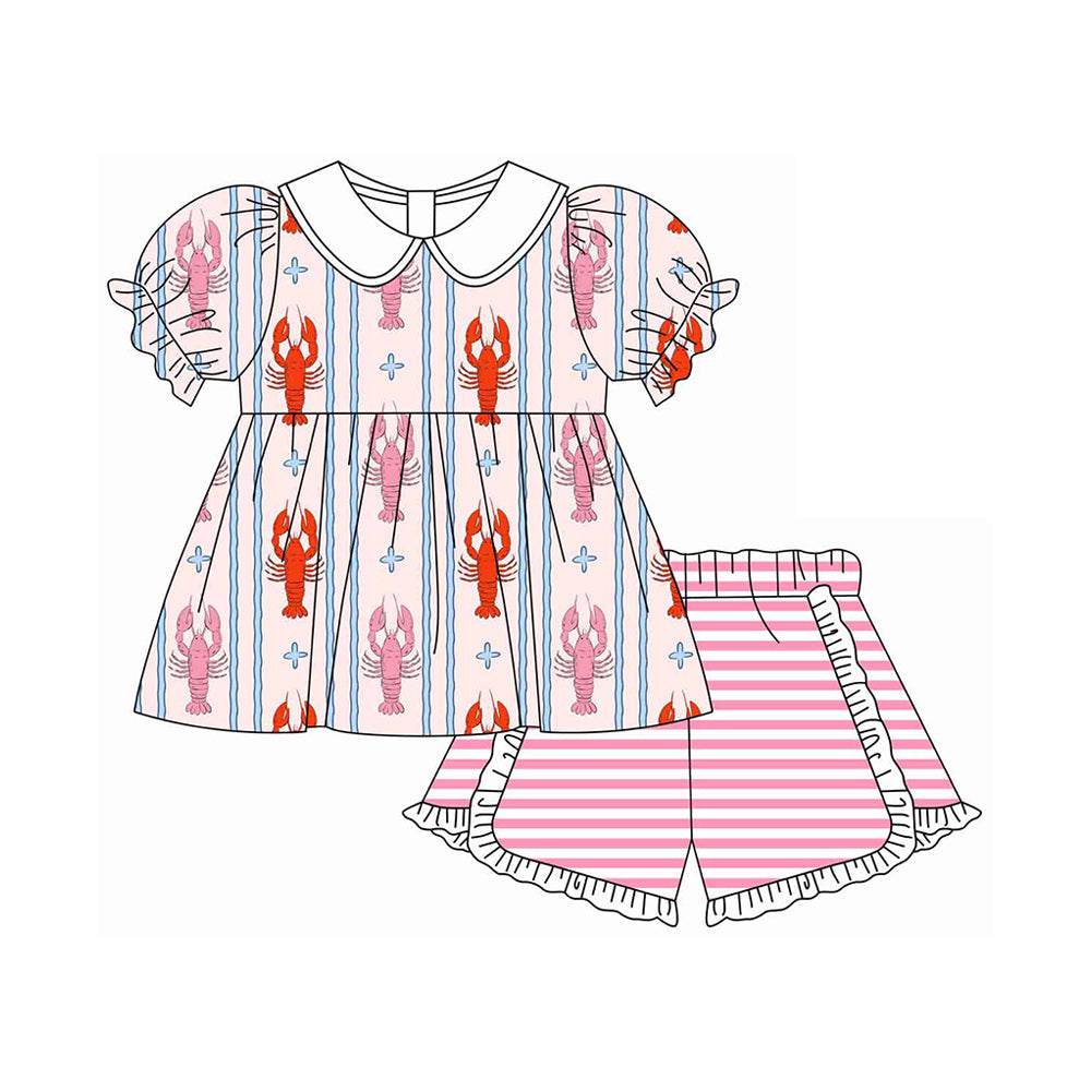 Baby Girls Crayfishes Collar Tunic Stripe Ruffle Shorts Clothes Sets Preorder
