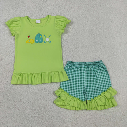 Embroidery Golf Flag Baby Girls Top Green Checked Ruffle Shorts Clothes Sets