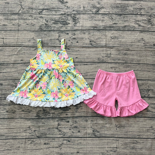 Baby Girls Strap Colorful Flowers Tunic Ruffle Shorts Clothes Sets