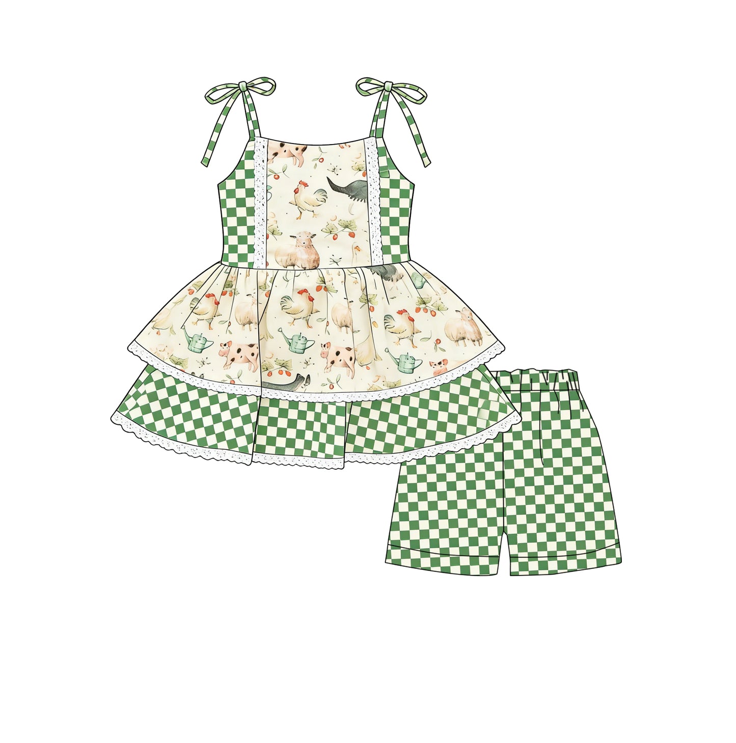 Baby Girls Strap Chicks Cows Tunic Green Checked Shorts Farm Clothes Sets Preorder