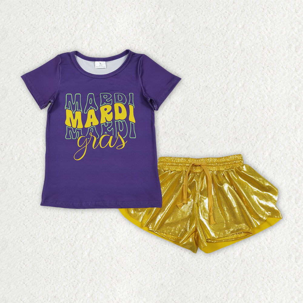 Baby Girls Purple Mardigras Top Gold Leather Ruffle Shorts Clothes Sets