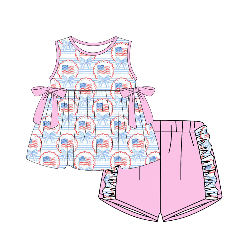 Baby Girls Stripe Bows Flags Tunic Ruffle Shorts 4th of July Clothes Set Preorder