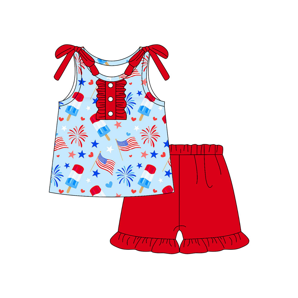 Baby Girls Flags Fireworks Popsicle Button Top Ruffle Shorts 4th of July Clothes Set Preorder