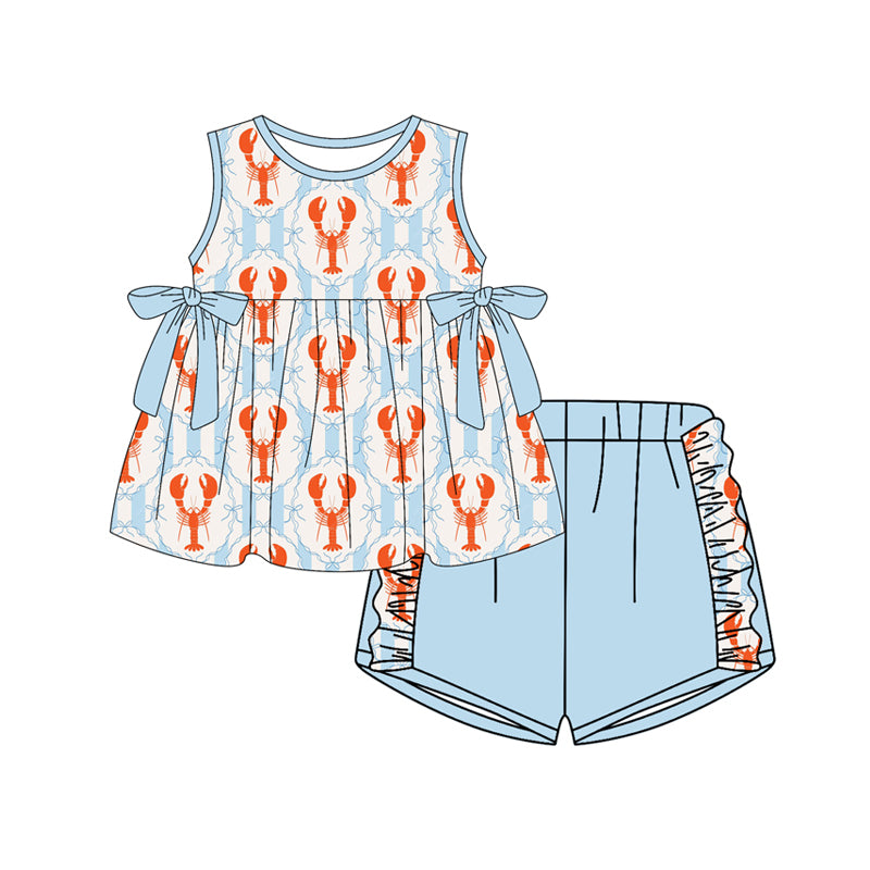 Baby Girls Bows Crayfishes Checked Tunic Ruffle Shorts Clothes Sets Preorder