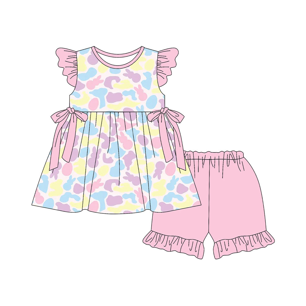Baby Girls Colorful Rabbits Camo Bows Tunic Ruffle Short Easter Clothes Sets Preorder