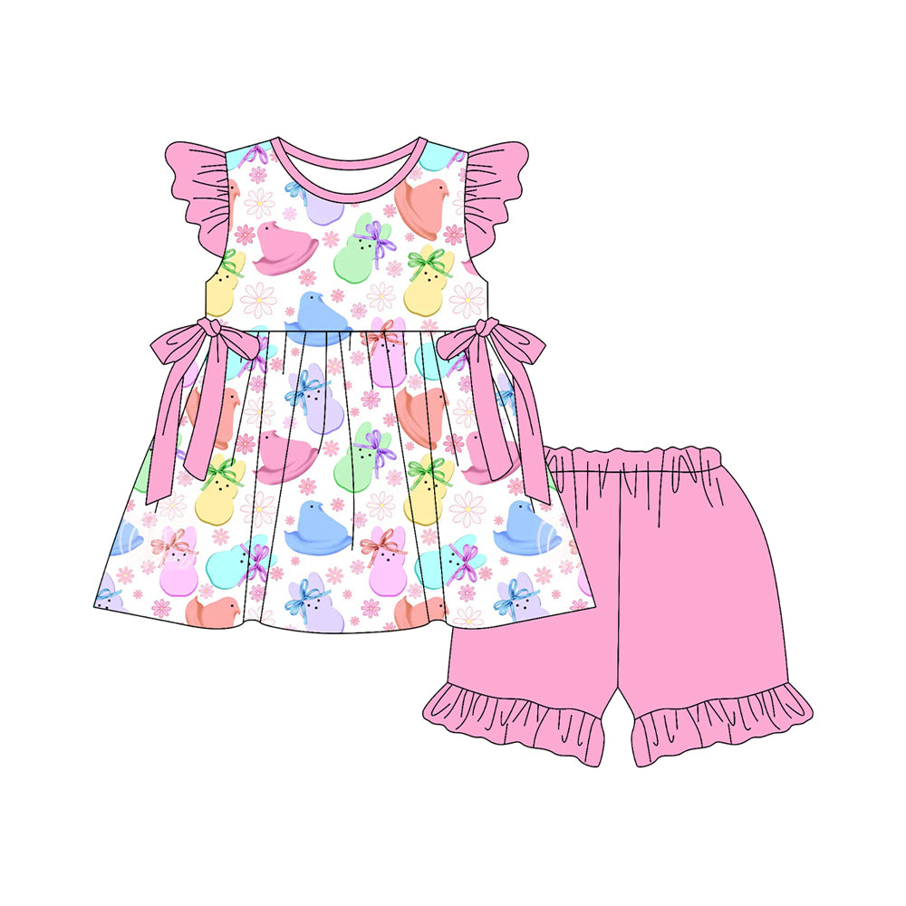 Baby Girls Colorful Rabbit Chick Flower Bows Tunic Ruffle Short Easter Clothes Sets Preorder