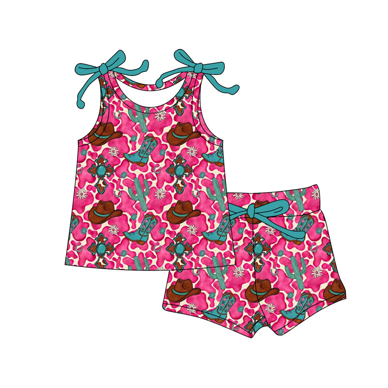 Baby Girls Cow Print Boots Cactus Top Shorts Western Clothes Sets Preorder