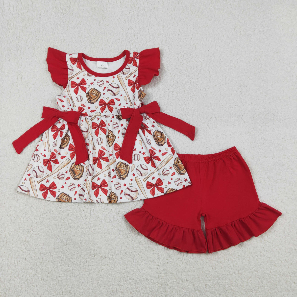 Sibling Baby Girls Red Bows Baseballs Tunic Ruffle Shorts Team Clothes Set Knee Length Dress Rompers
