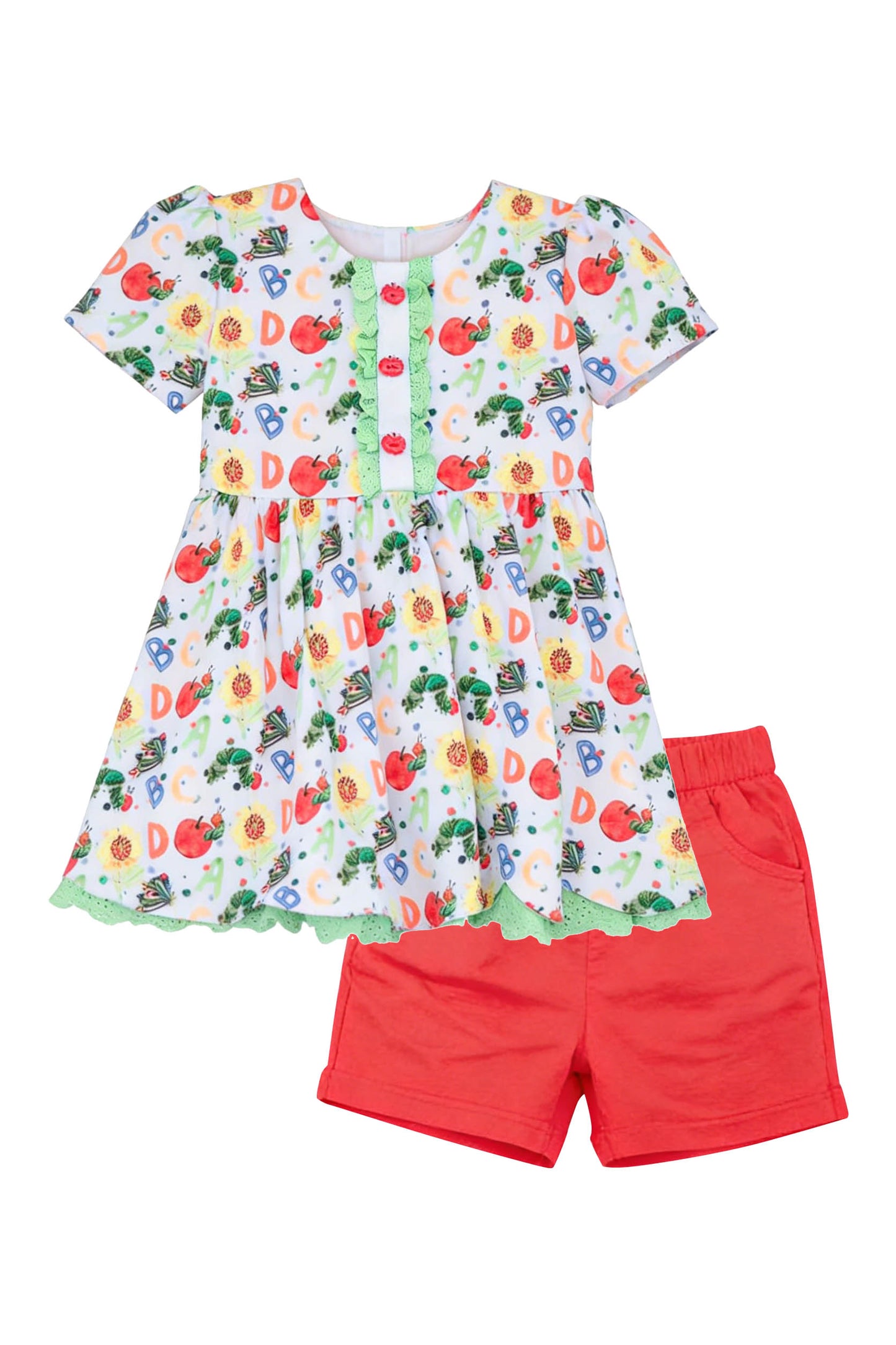 Baby Girls Apples ABC Plaid Button Tunic Shorts Back to School Clothes Sets Preorder
