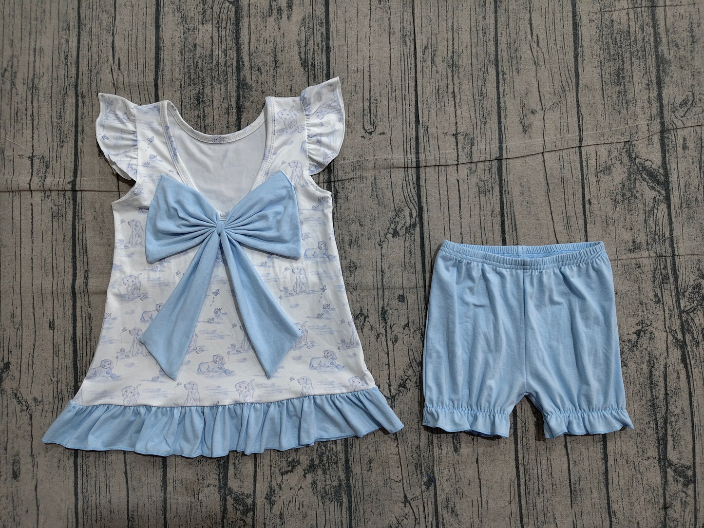 Baby Girls Flutter Sleeve Dogs Butterfly Back Bow Tunic Ruffle Short Clothes Sets