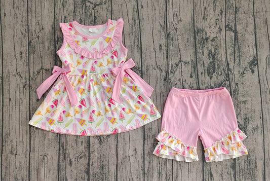 Baby Girls Colorful Popsicle Ice Creams Collar Tunic Ruffle Shorts Clothes Sets