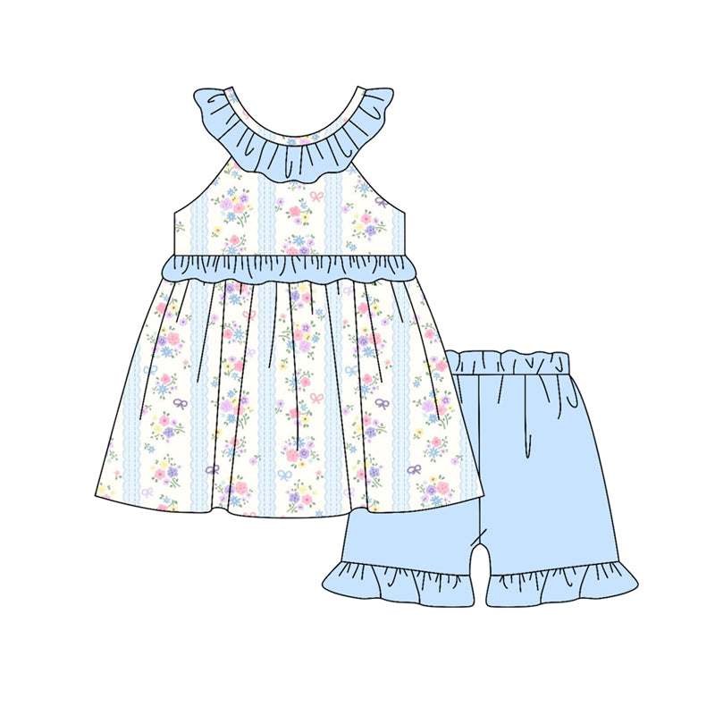 Baby Girls Flowers Stripe Collar Tunic Ruffle Shorts Clothes Sets Preorder