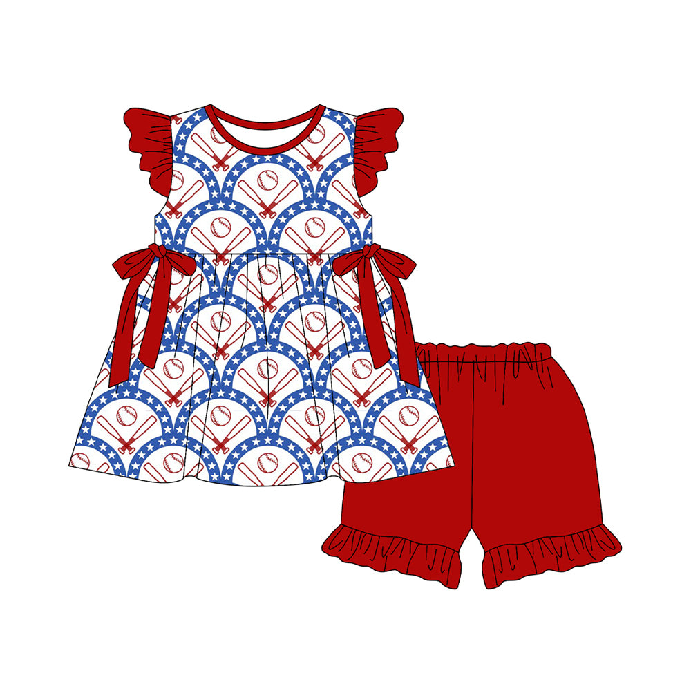 Baby Girls Stars Baseballs Checked Tunic Ruffle Shorts Team Clothes Sets Preorder