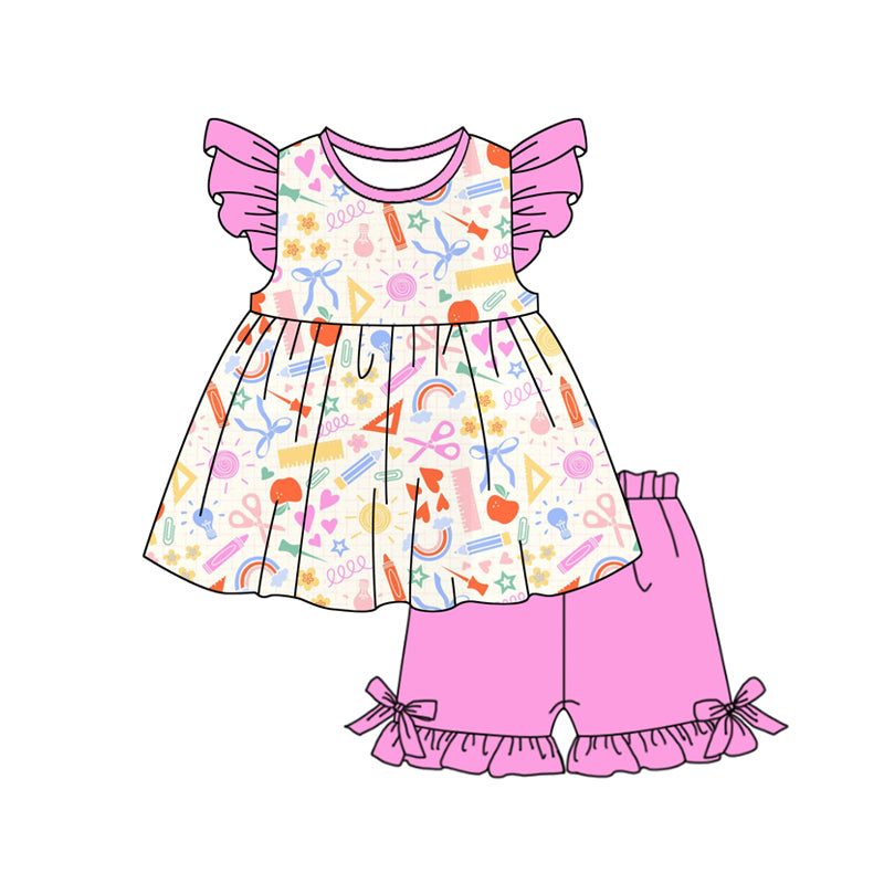 Baby Girls Apples Pencils Tunic Ruffle Shorts Back to School Clothes Sets Preorder