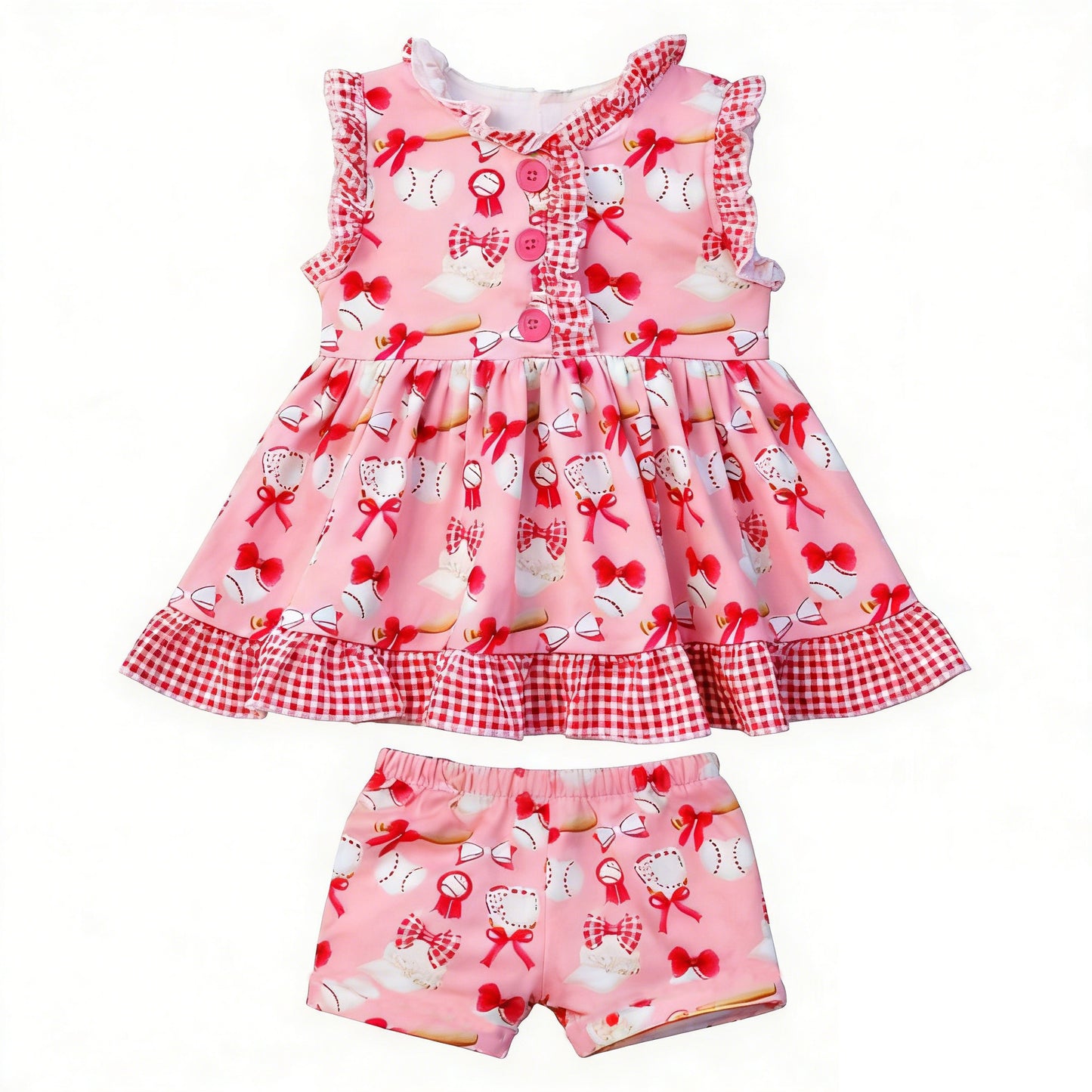 Baby Girls Bows Baseballs Button Tunic Shorts Team Clothes Sets