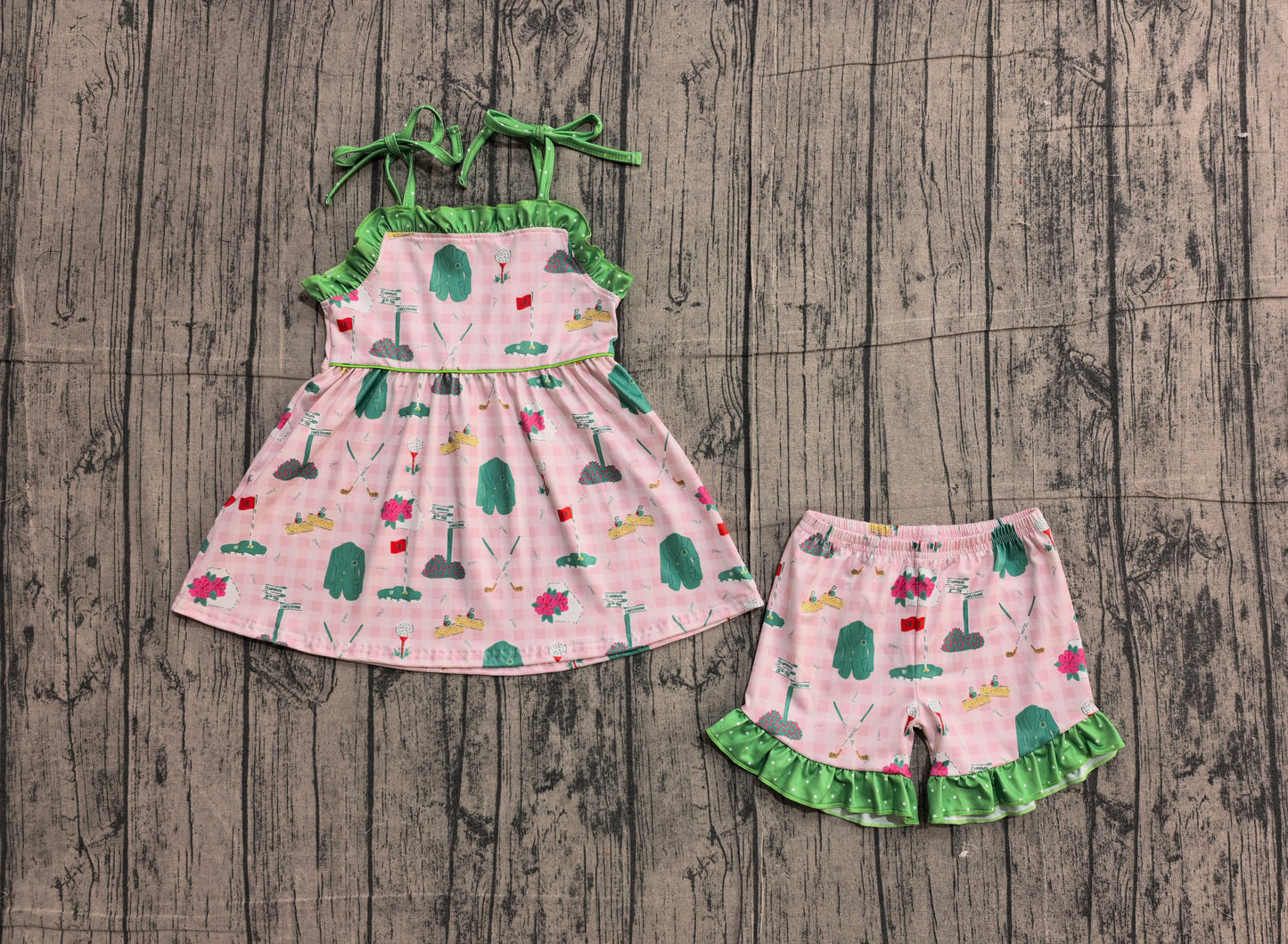 Baby Girls Strap Pink Checked Golf Flags Tunic Ruffle Shorts Clothes Sets