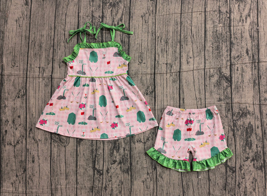 Baby Girls Strap Pink Checked Golf Flags Tunic Ruffle Shorts Clothes Sets
