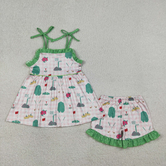 Sibling Baby Girls Strap Pink Checked Flower Golf Tunic Ruffle Shorts Clothes Set Rompers