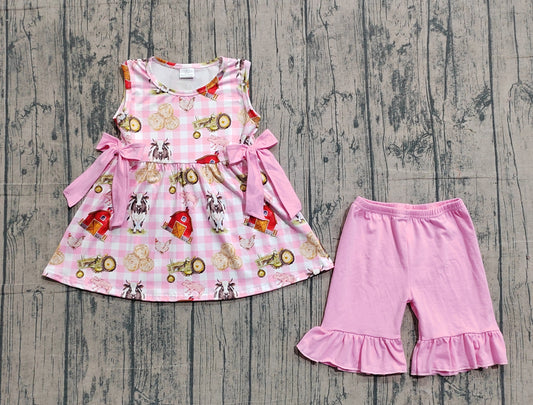 Baby Girls Sleeveless Pink Checked House Cows Tunic Ruffle Shorts Farm Clothes Sets