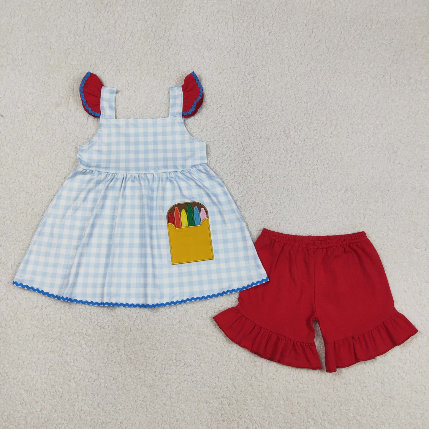 USA Shop Baby Girls Embroidery Pencils Checked Tunic Ruffle Short Back to School Clothes Set