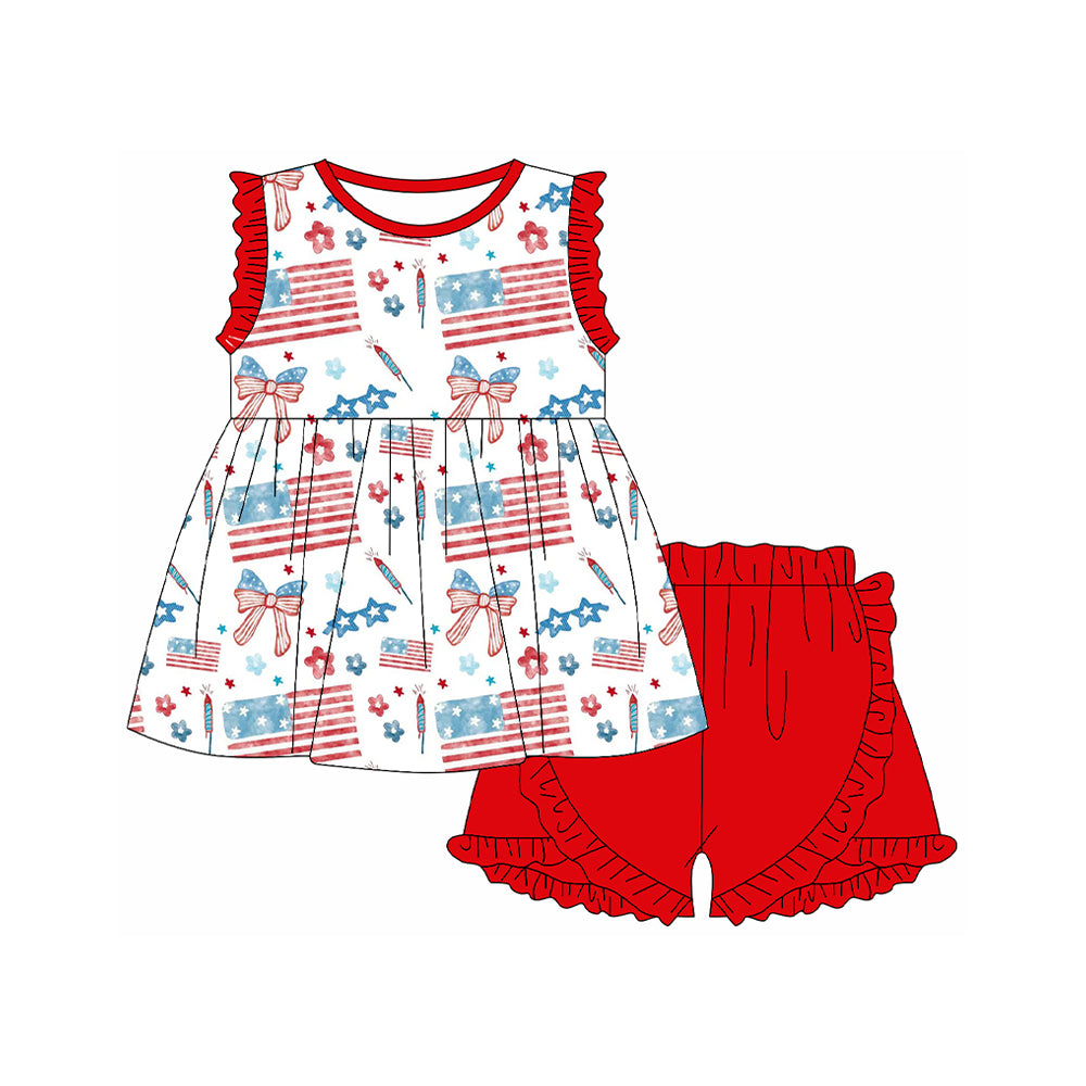 Baby Girls Sleeveless Flags Bows Tunic Ruffle Shorts 4th of July Clothes Sets Preorder