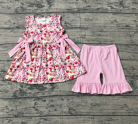 Baby Sleeveless Pink Checked Strawberry Girls Tunic Ruffle Shorts Clothes Sets