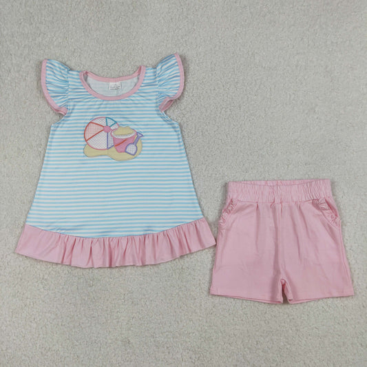 Sibling Baby Boys Girls Embroidery Beach Stripe Top Short Clothes Sets