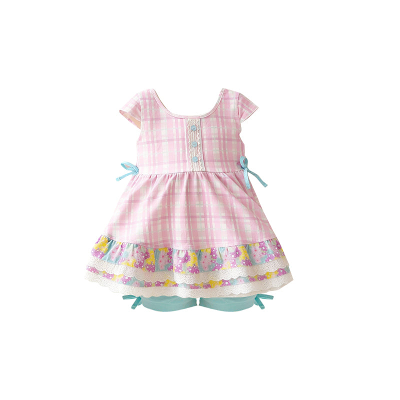 Baby Girls Pink Checked Flowers Button Tunic Shorts Clothes Sets Preorder