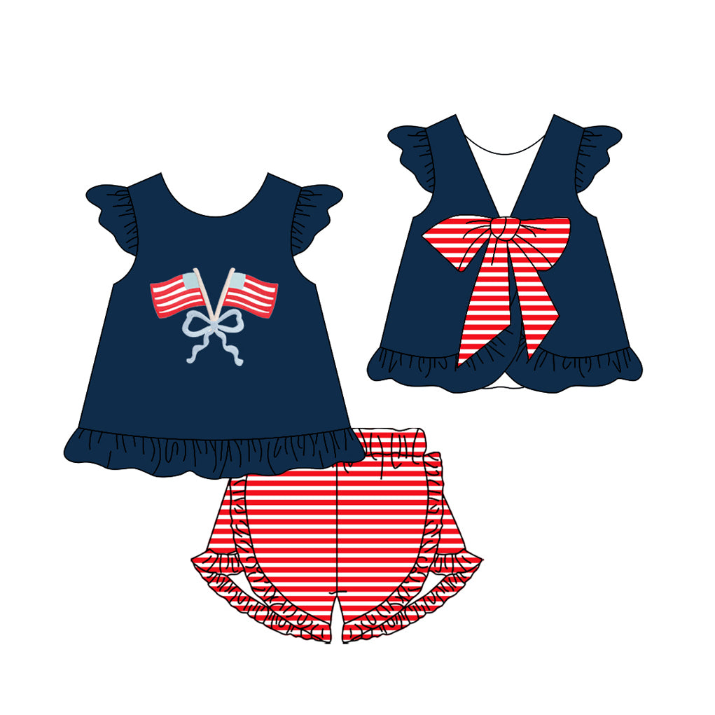 Baby Girls Flags Back Bows Tunic Stripe Ruffle Shorts 4th of July Clothes Sets Preorder