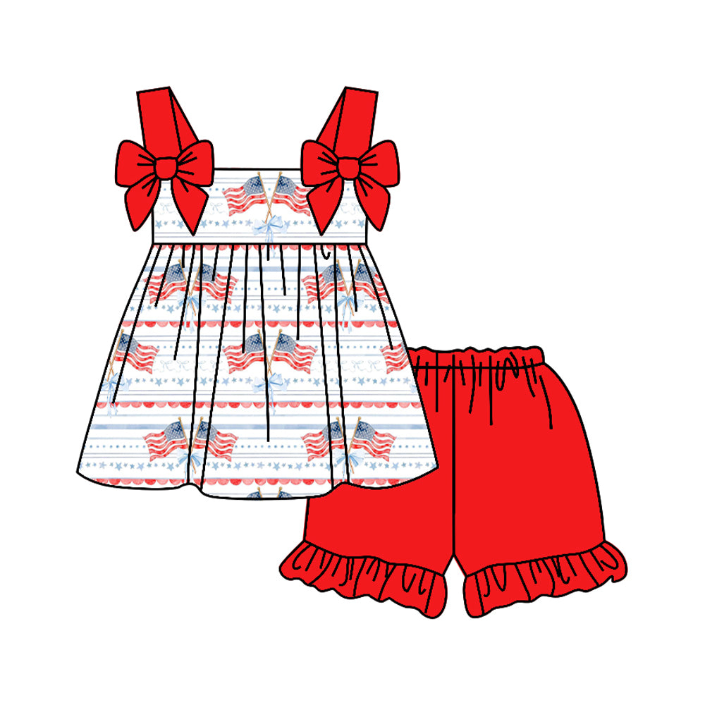 Baby Girls Bows Strap Flags Stripe Tunic Ruffle Shorts 4th of July Clothes Sets Preorder