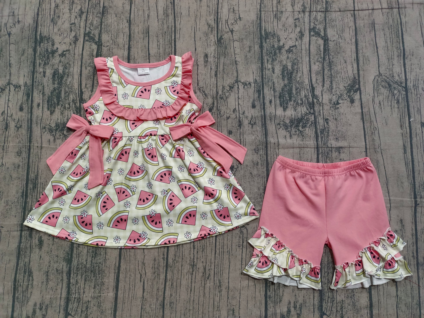Baby Girls Green Checked Flowers Watermelons Tunic Ruffle Shorts Clothes Sets