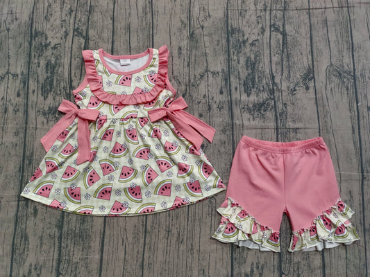 Baby Girls Green Checked Flowers Watermelons Tunic Ruffle Shorts Clothes Sets