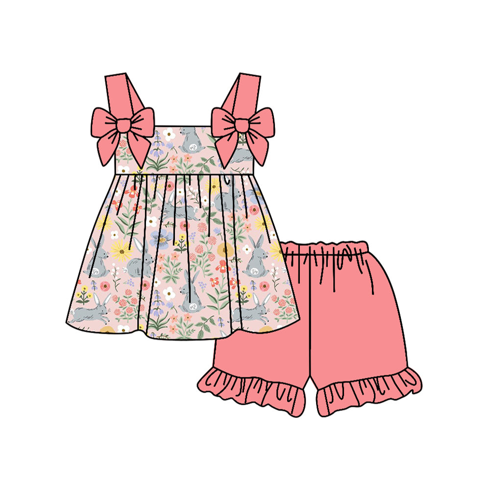 Baby Girls Bows Strap Flowers Rabbits Tunic Ruffle Shorts Easter Clothes Sets Preorder
