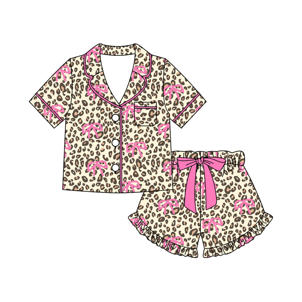 Baby Girls Pink Bows Leopard Button Pocket Top Ruffle Shorts Pajamas Sets Preorder