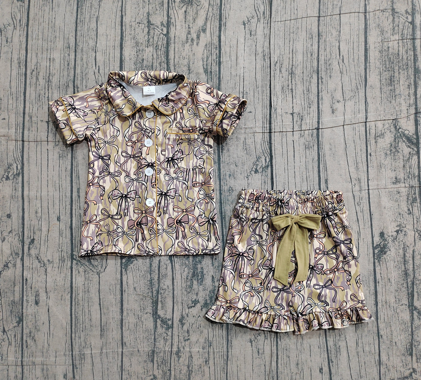 Baby Girls Southern Olive Camo Bows Button Pocket Top Ruffle Shorts Pajamas Sets