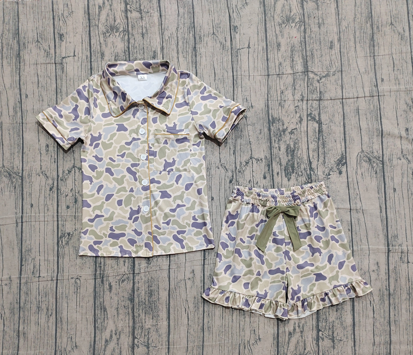 Adult Women Southern Dogs Camo Button Pocket Top Ruffle Shorts Pajamas Set