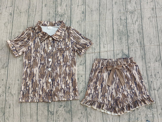 Adult Women Southern Olive Camo Button Pocket Top Ruffle Shorts Pajamas Set