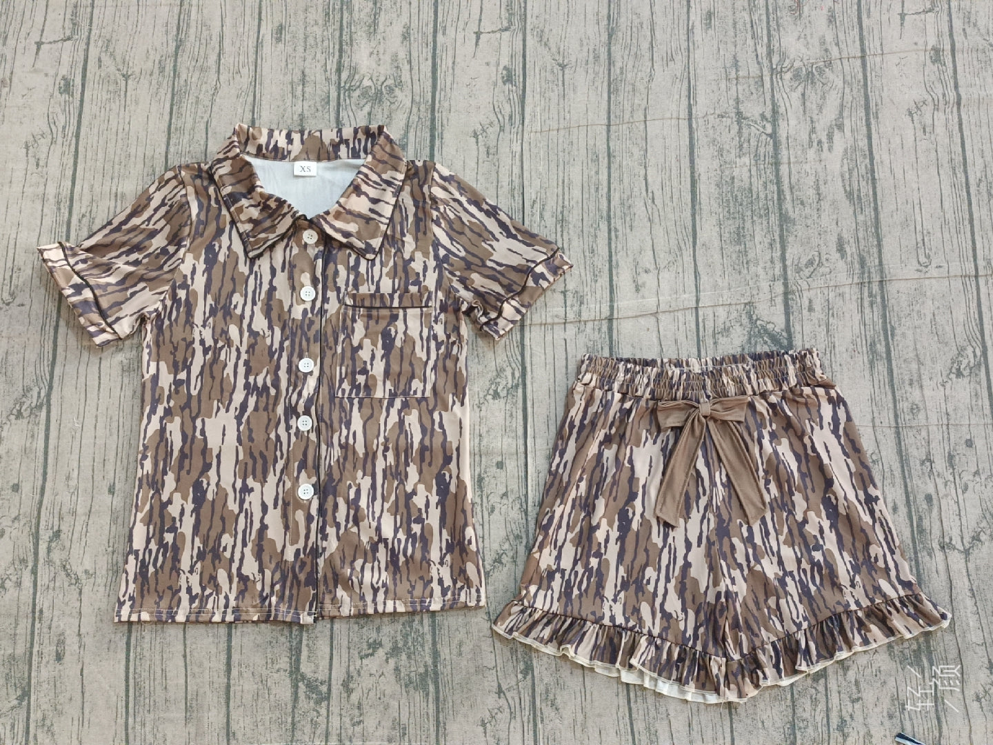 Adult Women Southern Olive Camo Button Pocket Top Ruffle Shorts Pajamas Set