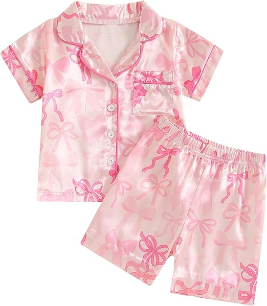 Baby Girls Pink Bows Plaid Button Pockets Top Short Pajamas Sets Preorder