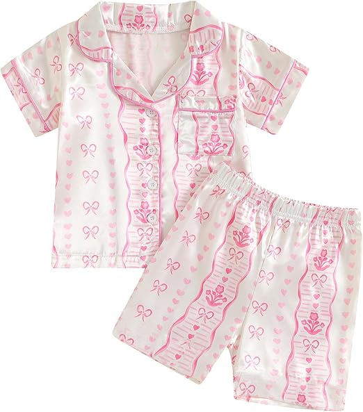 Baby Girls Pink Bows Hearts Stripe Button Pockets Top Short Valentines Pajamas Sets Preorder