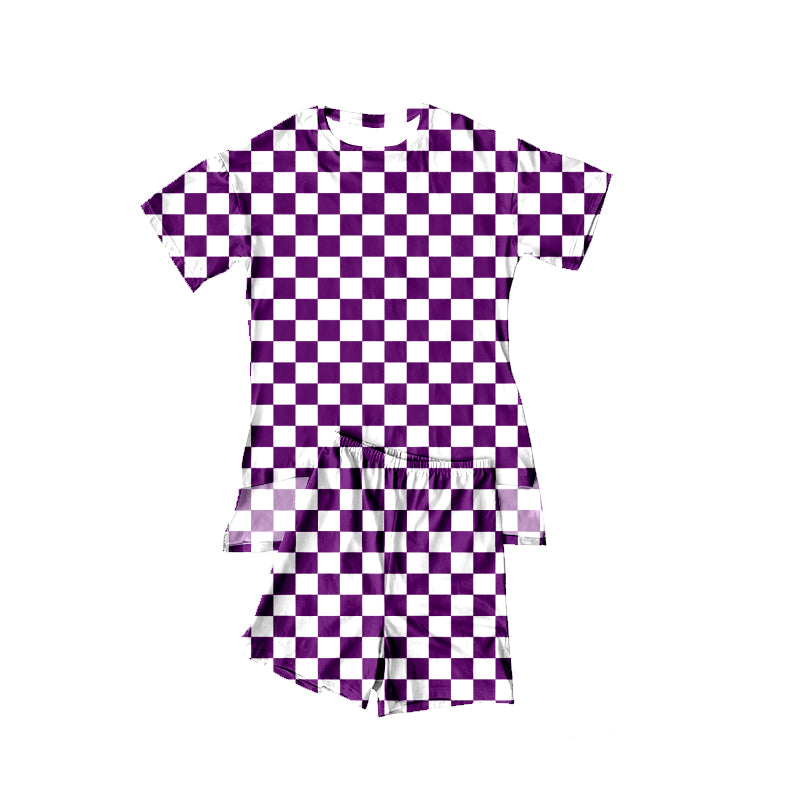 Baby Girls Purple Checked Ruffle Top Short Pajamas Sets Preorder