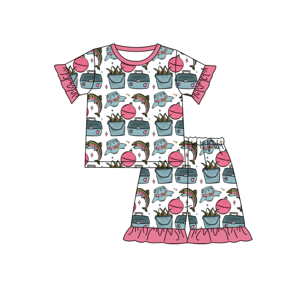 Baby Girls Short Sleeve Fishing Top Ruffle Shorts Hunting Pajamas Sets Preorder