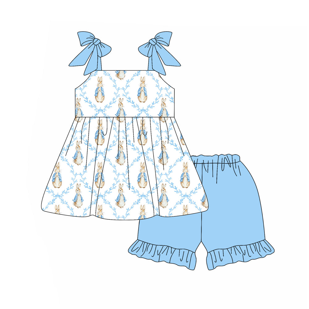 Baby Girls Strap Bows Rabbits Checked Tunic Ruffle Shorts Easter Clothes Sets Preorder