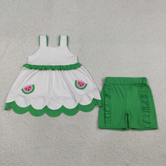 Embroidery Watermelons Baby Girls Scallop Tunic Ruffle Short Clothes Sets